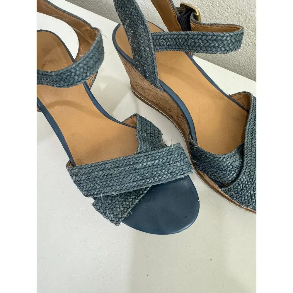 Franco Sarto Cara Espadrille Wedge Mary Jane Sandals Blue Woven 6.5M